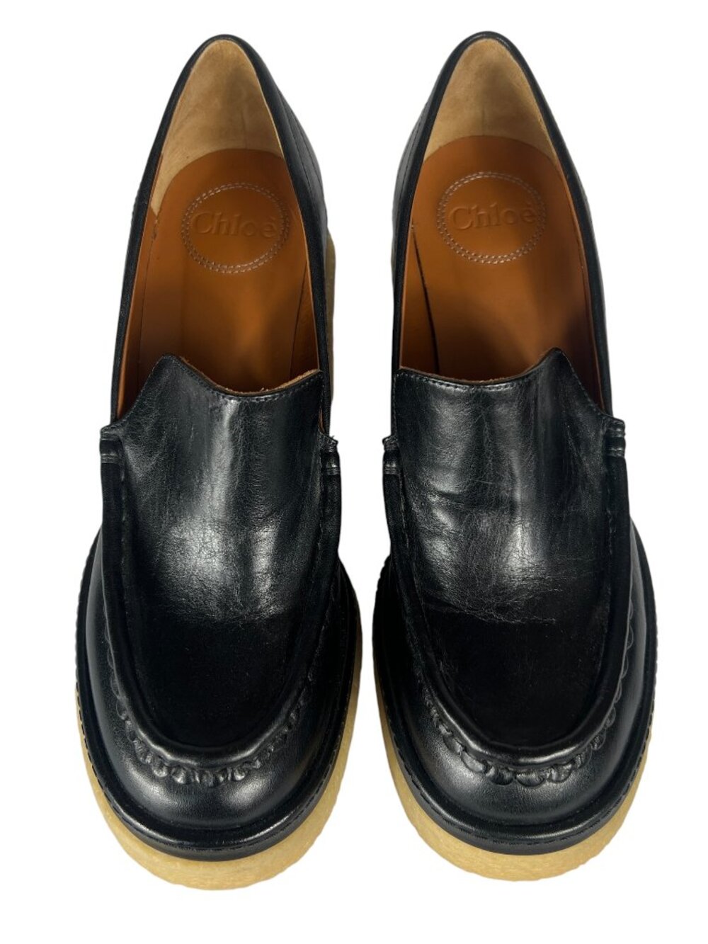 Chloé Jamie Calfskin Leather Platform Loafer Block Heel Pumps in Black Size 38
